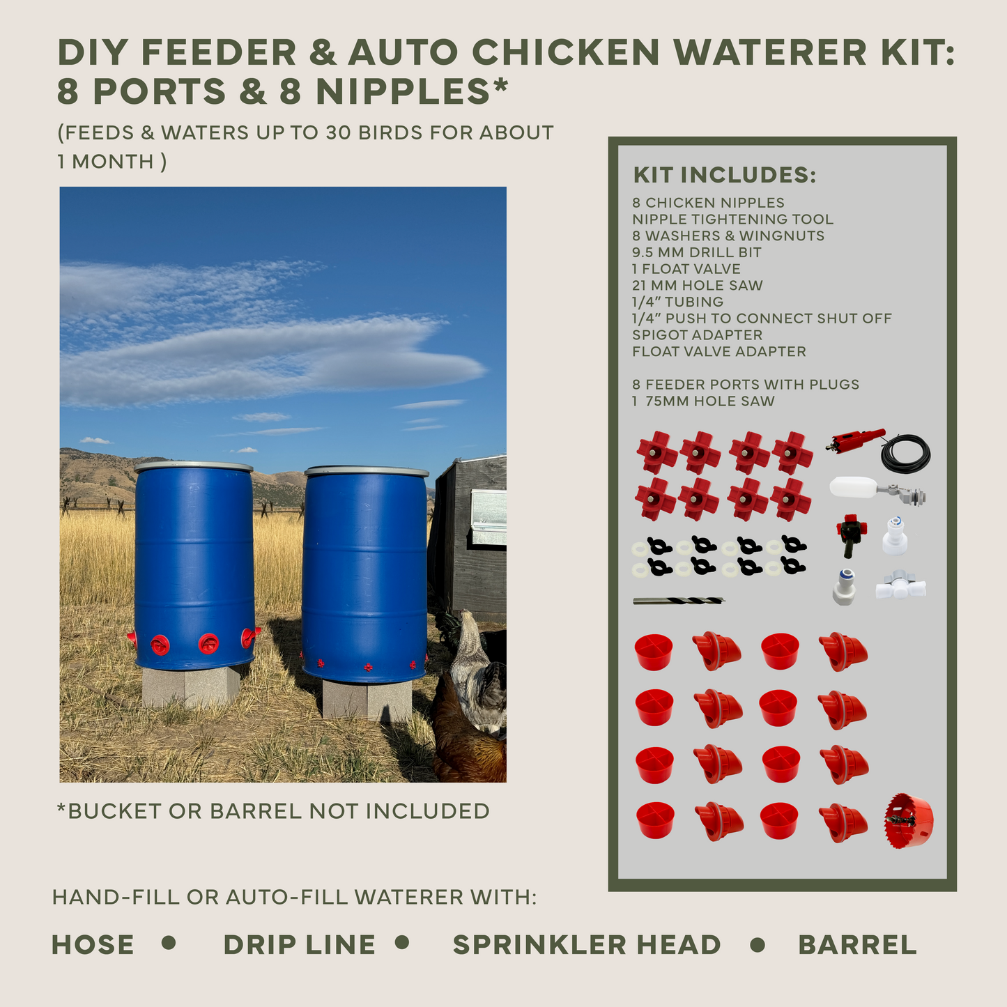 Easy Chicken Feeder & Waterer Kits – Simplify Chicken Chores! - DIY Feeder & Auto Waterer Kit: 8 Ports & 8 Nipples