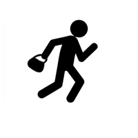 Black stick figure running with a bag or purse.
