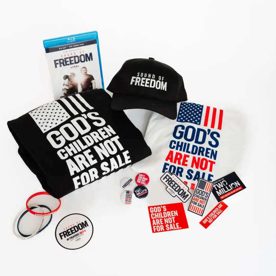 A collection of anti-human trafficking merchandise including a t-shirt, hat, Blu-ray, bracelets, and stickers with ’God’s Children Are Not For Sale’ messaging.