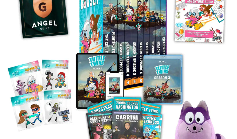 Collection of children’s books, digital content, and a purple plush toy.