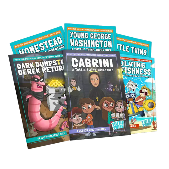 Collection of children’s graphic novels with colorful covers featuring cartoon characters.