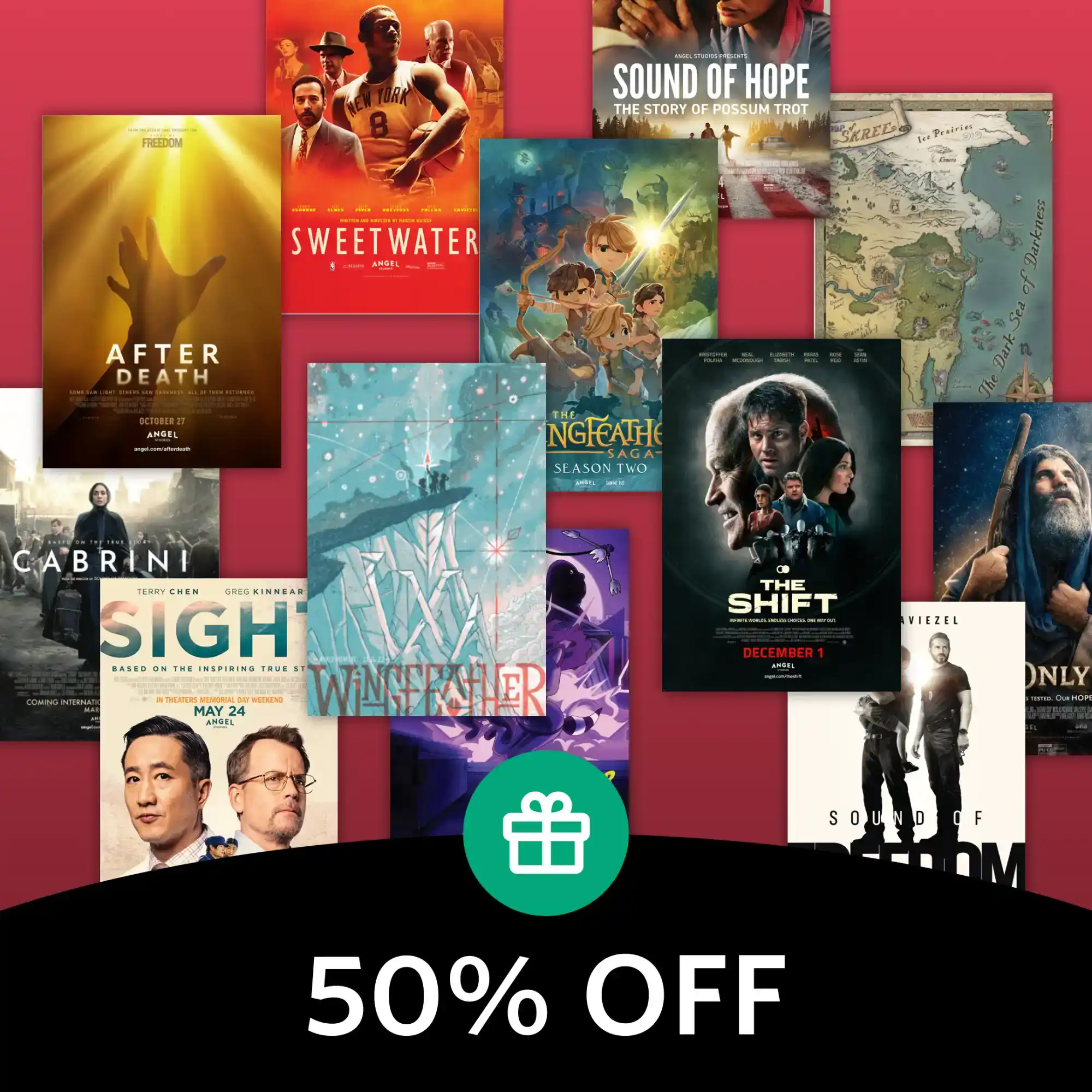 Collection of movie posters being advertised at 50% off.