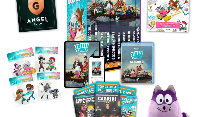 Collection of Tuttle Twins children’s books and merchandise including a plush toy.