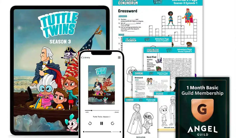 Digital entertainment bundle featuring cartoon characters displayed across a tablet, phone, activity sheets, and Angel Guild membership card.
