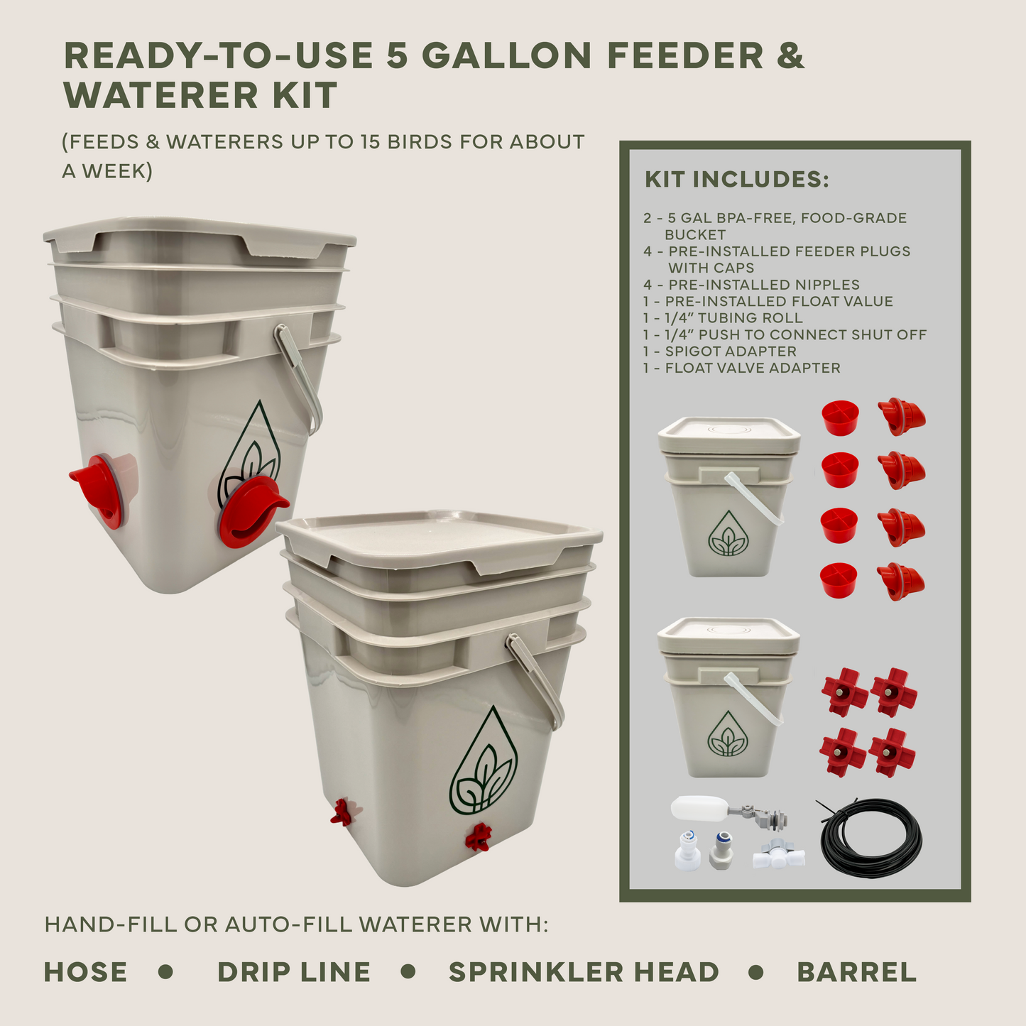 Easy Chicken Feeder & Waterer Kits – Simplify Chicken Chores! - Ready-To-Use 5 Gallon Feeder & Waterer Kit (up to 15