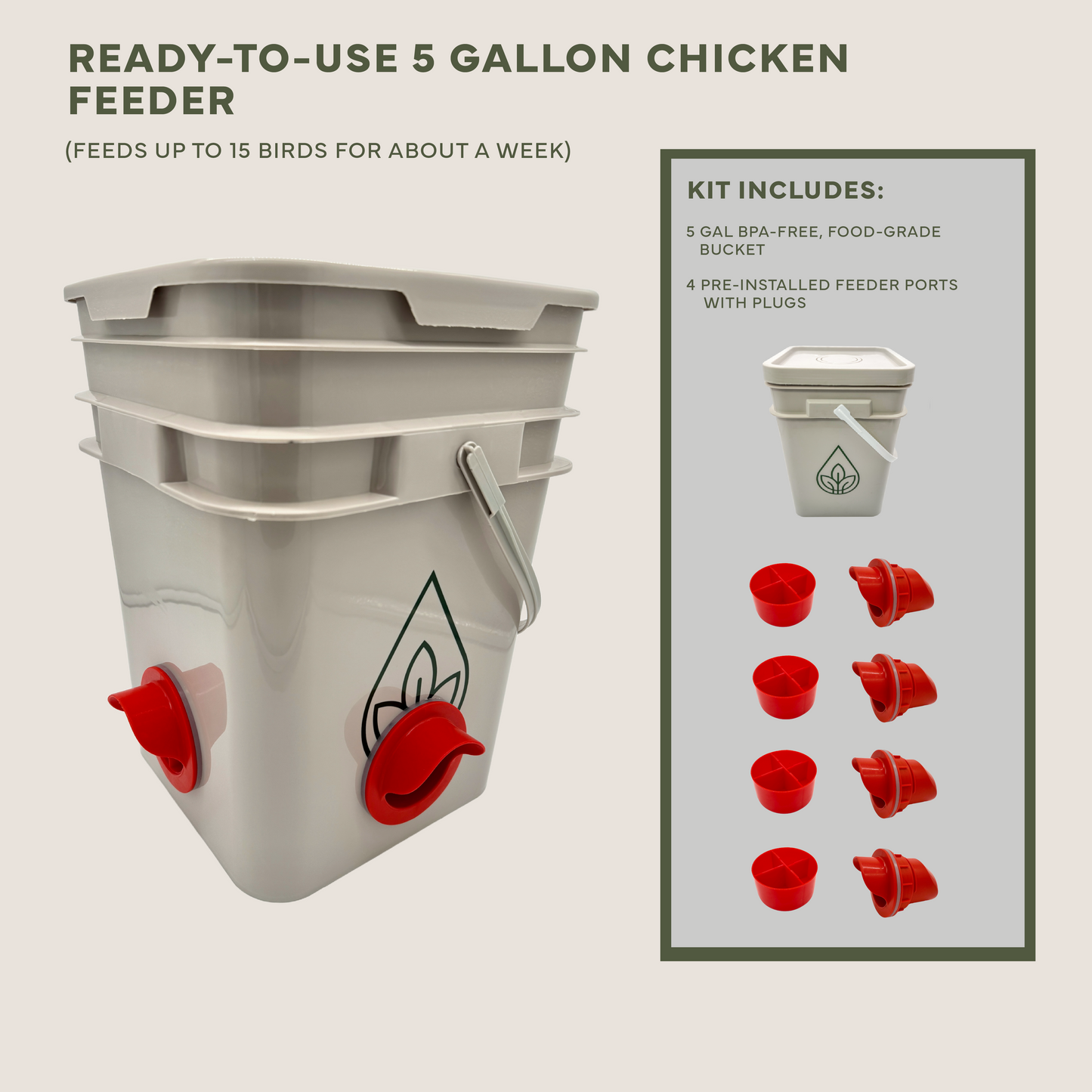 Easy Chicken Feeder & Waterer Kits – Simplify Chicken Chores! - Ready-To-Use 5 Gallon Feeder (up to 15 chickens)