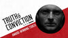 Graphic design featuring a circular portrait against a diagonal red and white background with text reading ’TRUTH & CONVICTION’