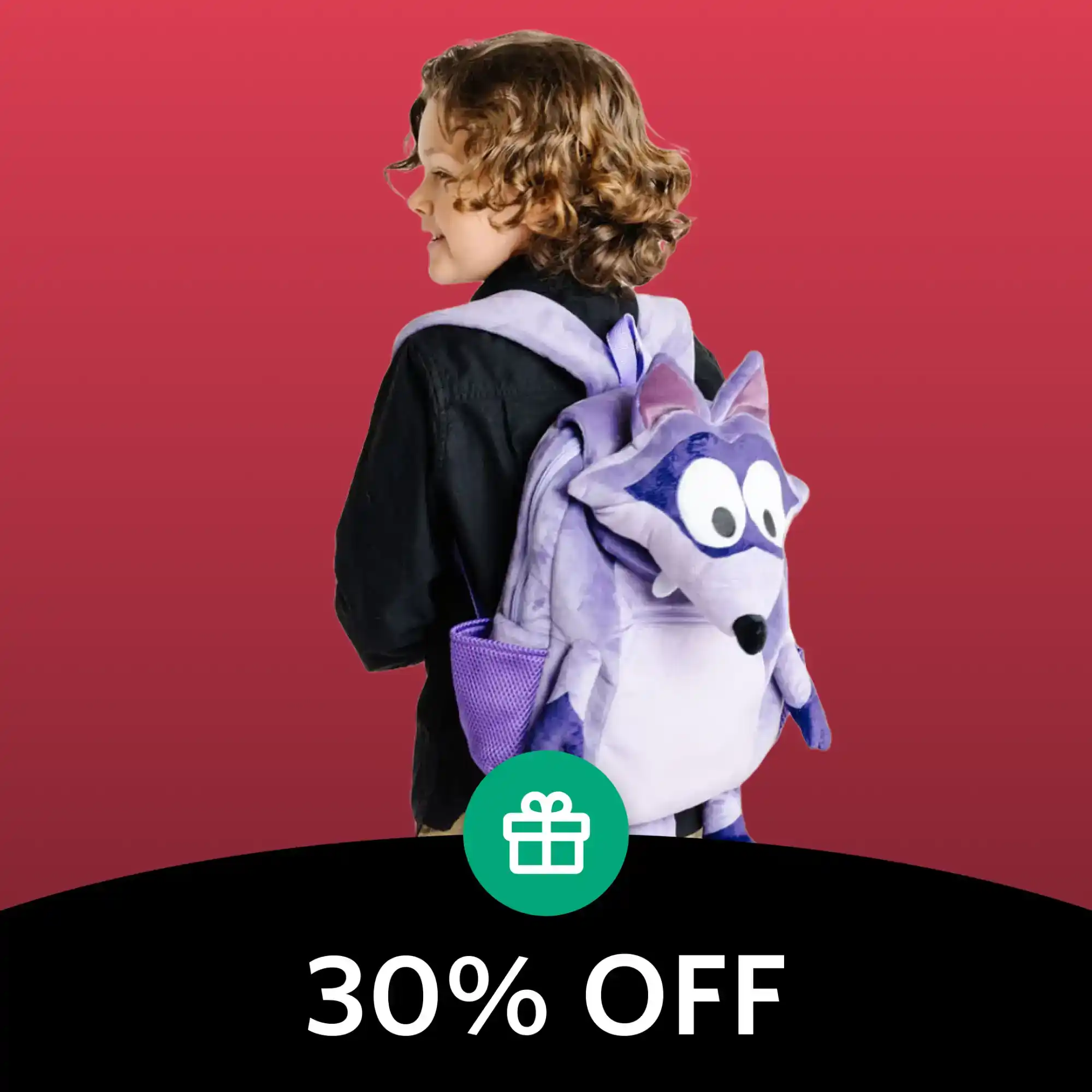 Purple wolf-themed backpack with cartoon eyes and ears.