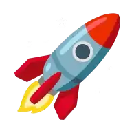 Retro-style cartoon rocket with red fins and flames shooting from its base.