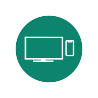 Simple white icon of a TV screen and smartphone on a green circular background.