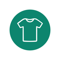 Simple white t-shirt icon on a green circular background.