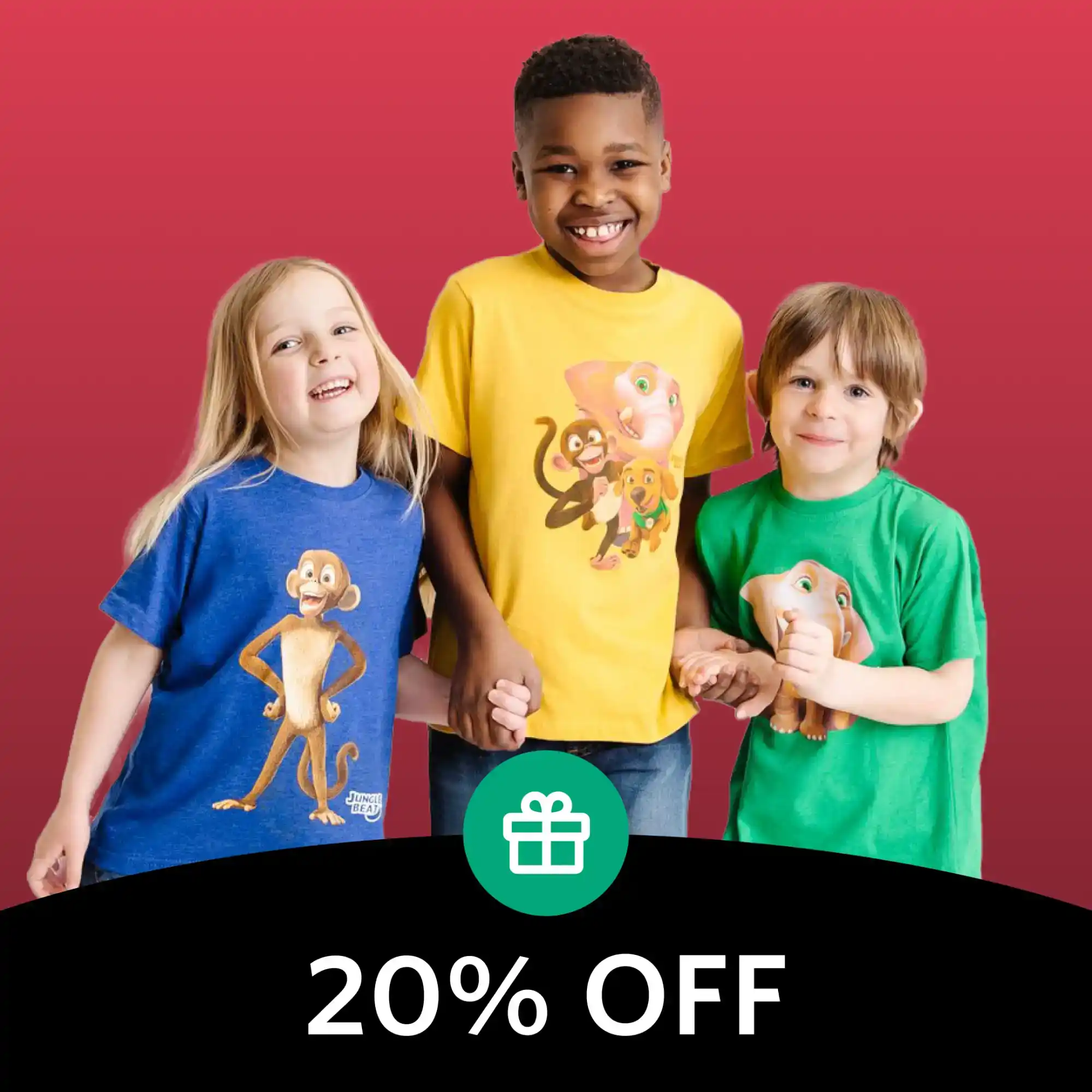 Three children wearing colorful t-shirts with monkey designs.