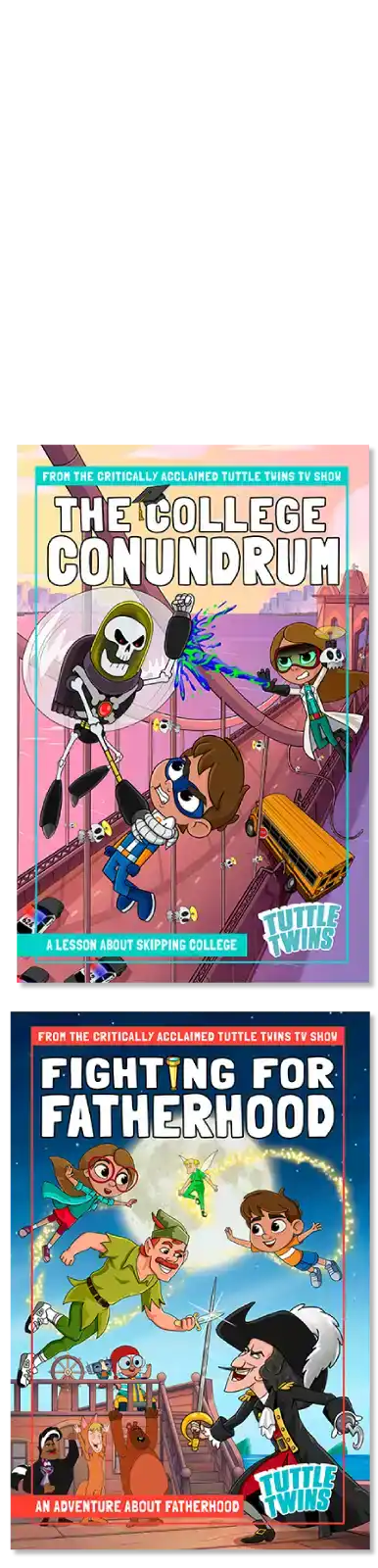 Two comic book covers featuring colorful cartoon-style artwork and action scenes.