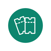 Two white ticket icons on a green circular background.